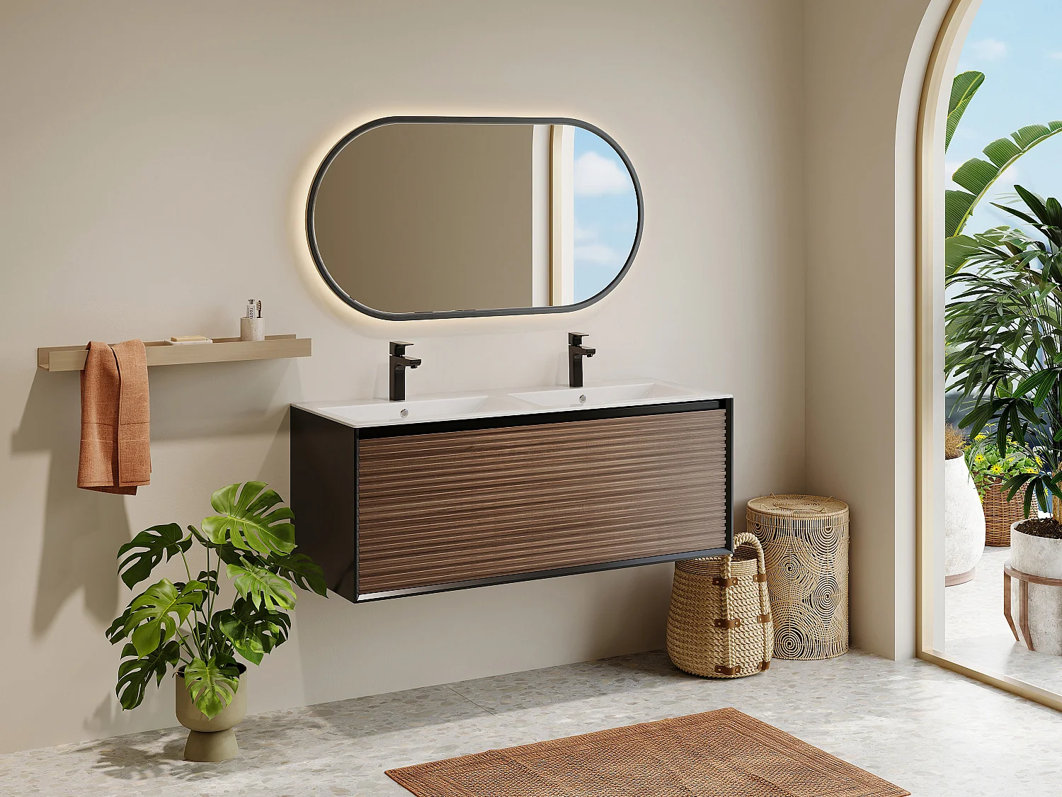 Meuble de salle de bain suspendu strié avec vasque à encastrer - Coloris naturel foncé et noir - 120 cm - BANIVA