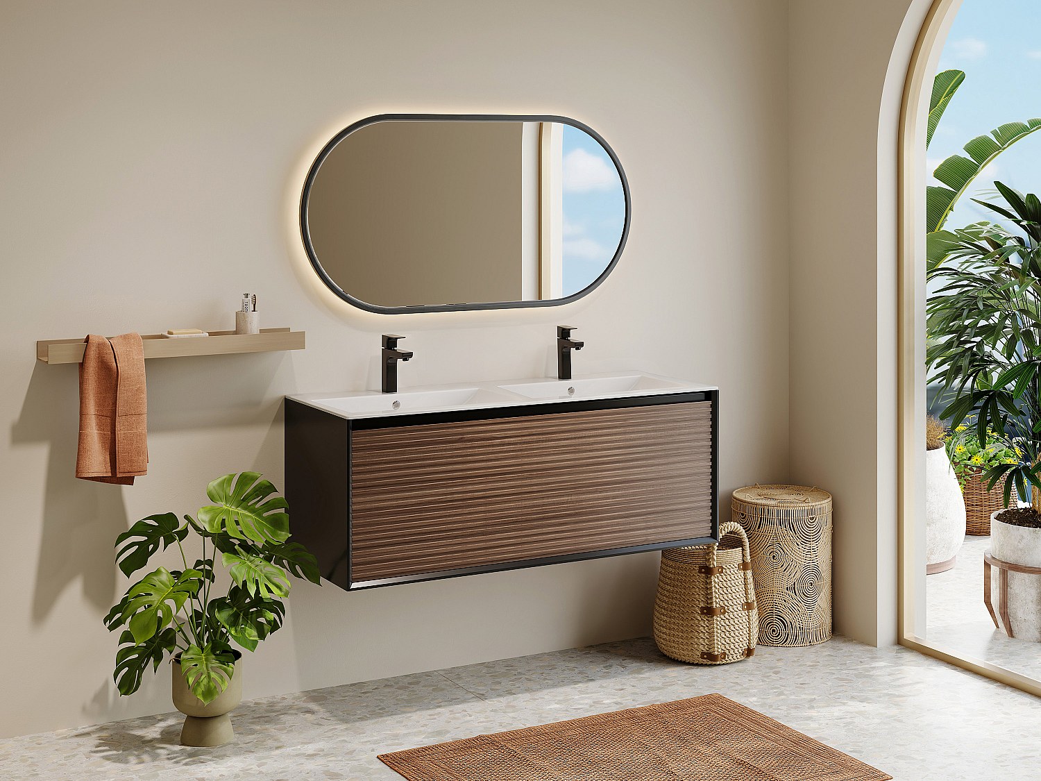 Waschbeckenunterschrank hängend mit Einbauwaschbecken - Streifenoptik - Hol günstig online kaufen