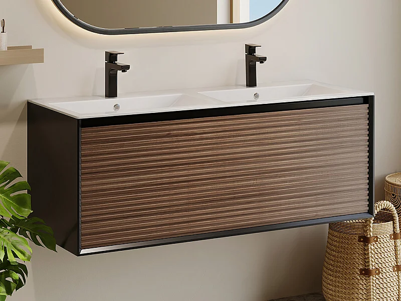 Mobile per bagno sospeso con scanalature e lavabo da incasso 120 cm Naturale scuro e Nero - BANIVA