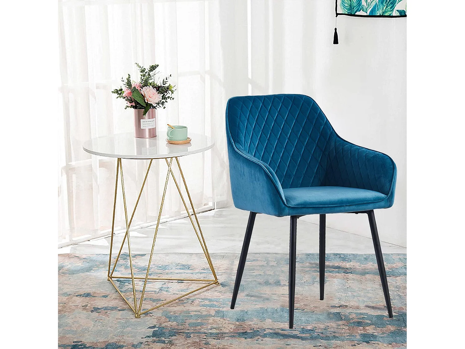 Lot de 2 Chaises Scandinaves en Velours avec Dossier et Accoudoirs, Siège Rembourés, pour Salle à manger, Bureau, Cuisine, Salon (2, Bleu-Vert)