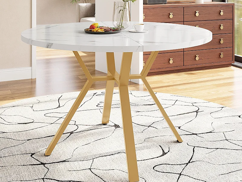 Table à manger ronde moderne (diamètre 1m) - support métallique en forme de X - plateau a motif de marbre - Blanc&Doré