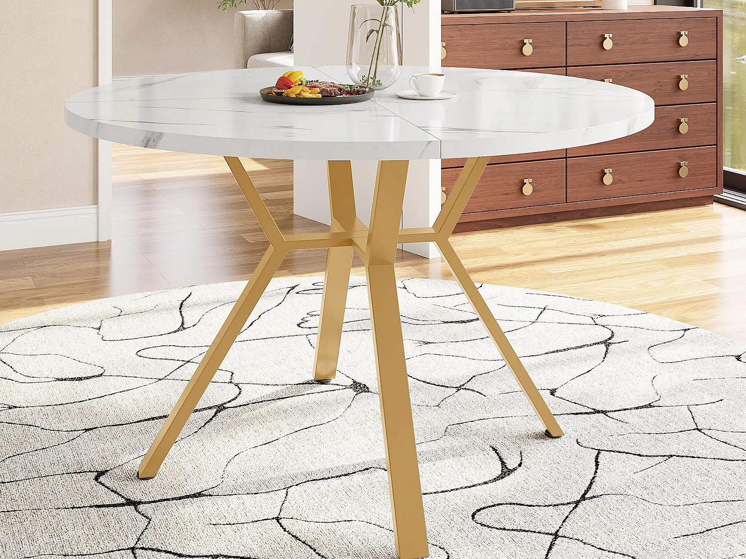 Table à manger ronde moderne (diamètre 1m) - support métallique en forme de X - plateau a motif de marbre - Blanc&Doré