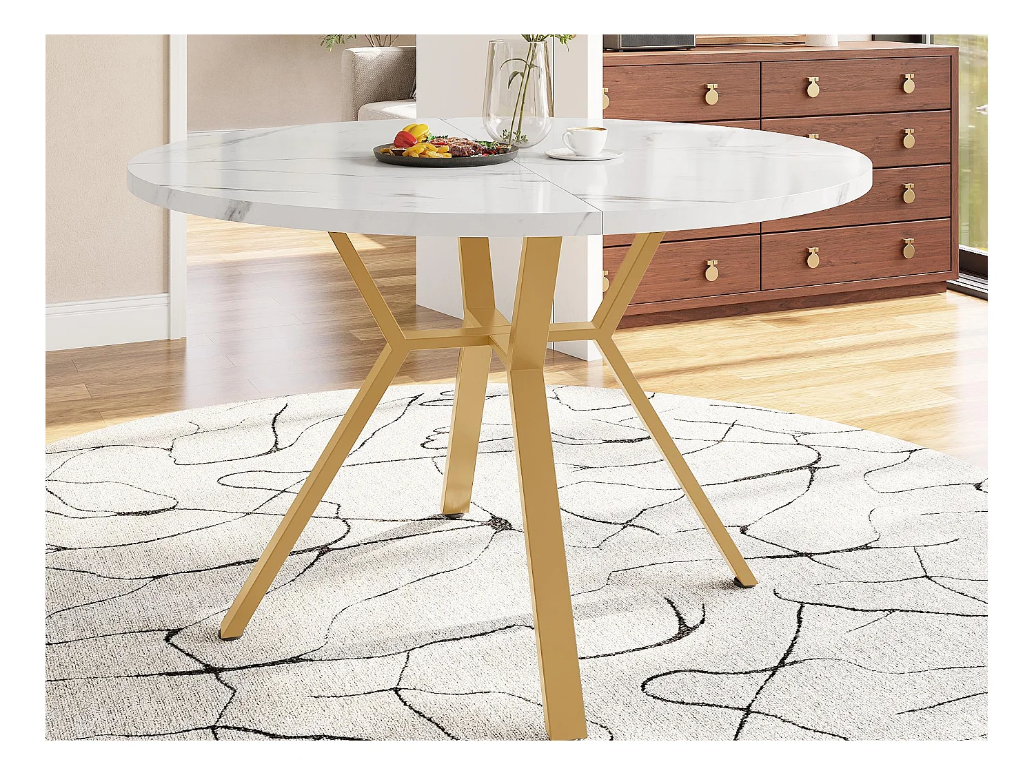Table à manger ronde moderne (diamètre 1m) - support métallique en forme de X - plateau a motif de marbre - Blanc&Doré