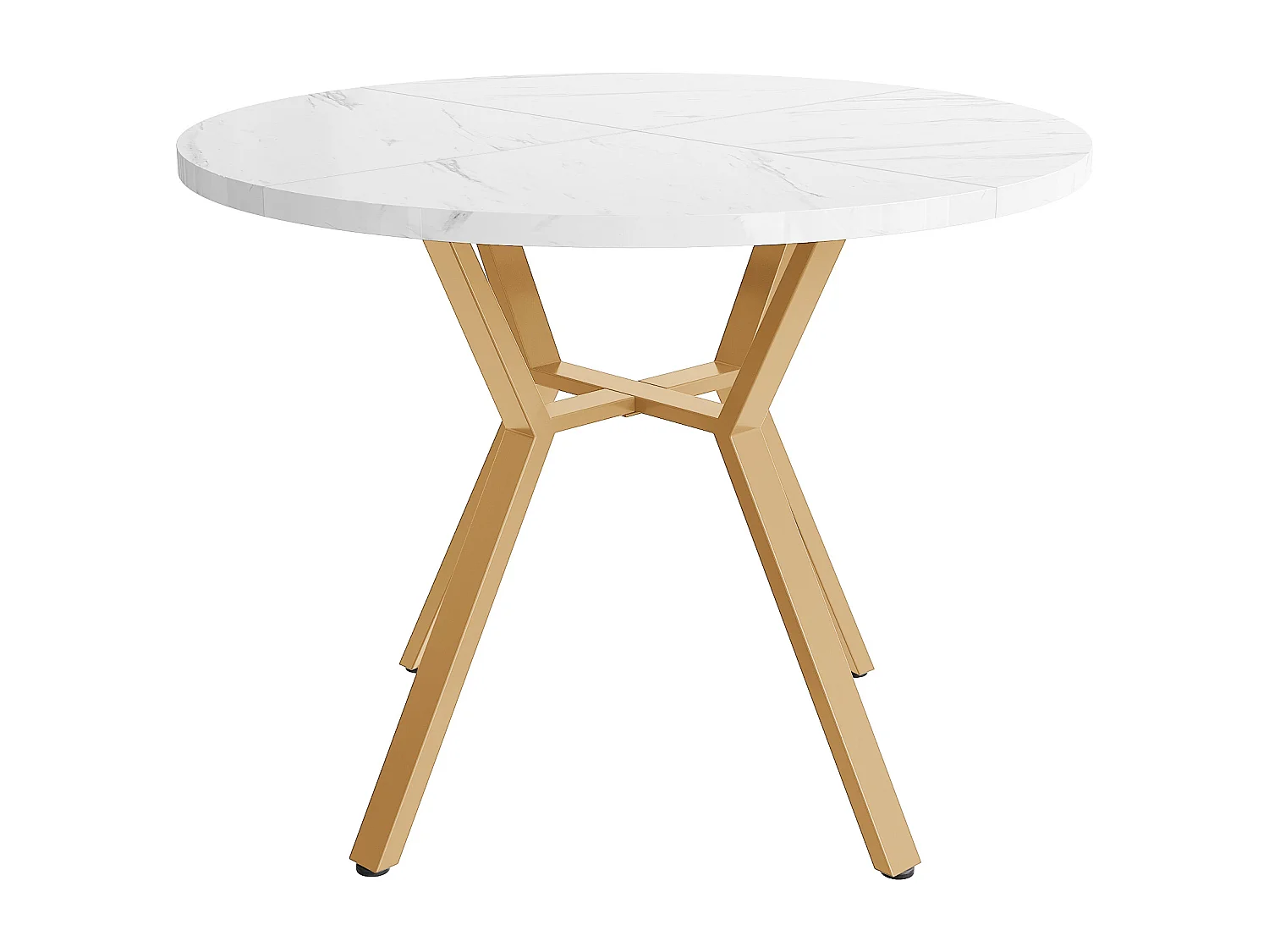 Moderne ronde eettafel (1m diameter) - X-vormige metalen onderstel - blad met marmerpatroon - wit & goud