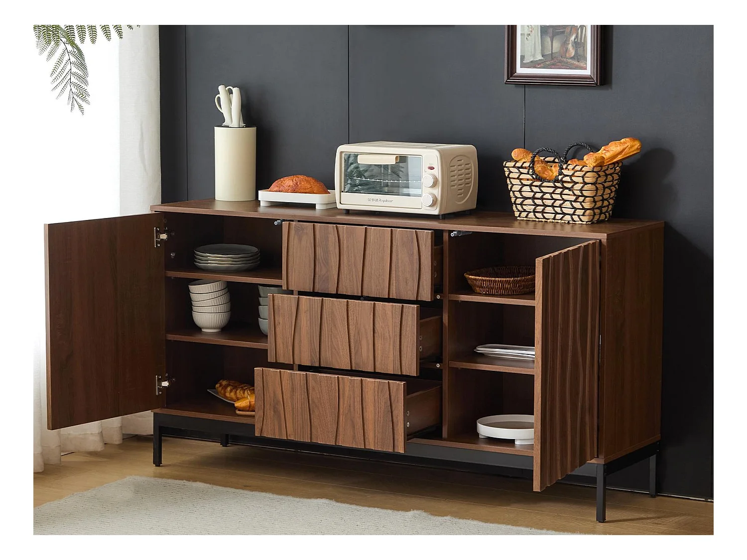 Buffet moderne 150x40x80cm - avec 2 portes et 3 tiroirs - Marron