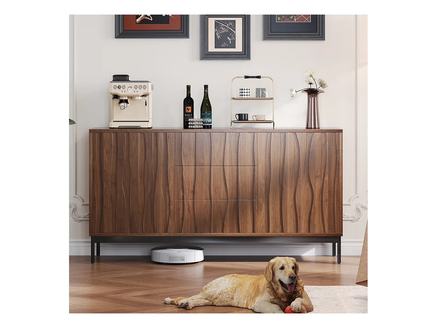 Buffet moderne 150x40x80cm - avec 2 portes et 3 tiroirs - Marron