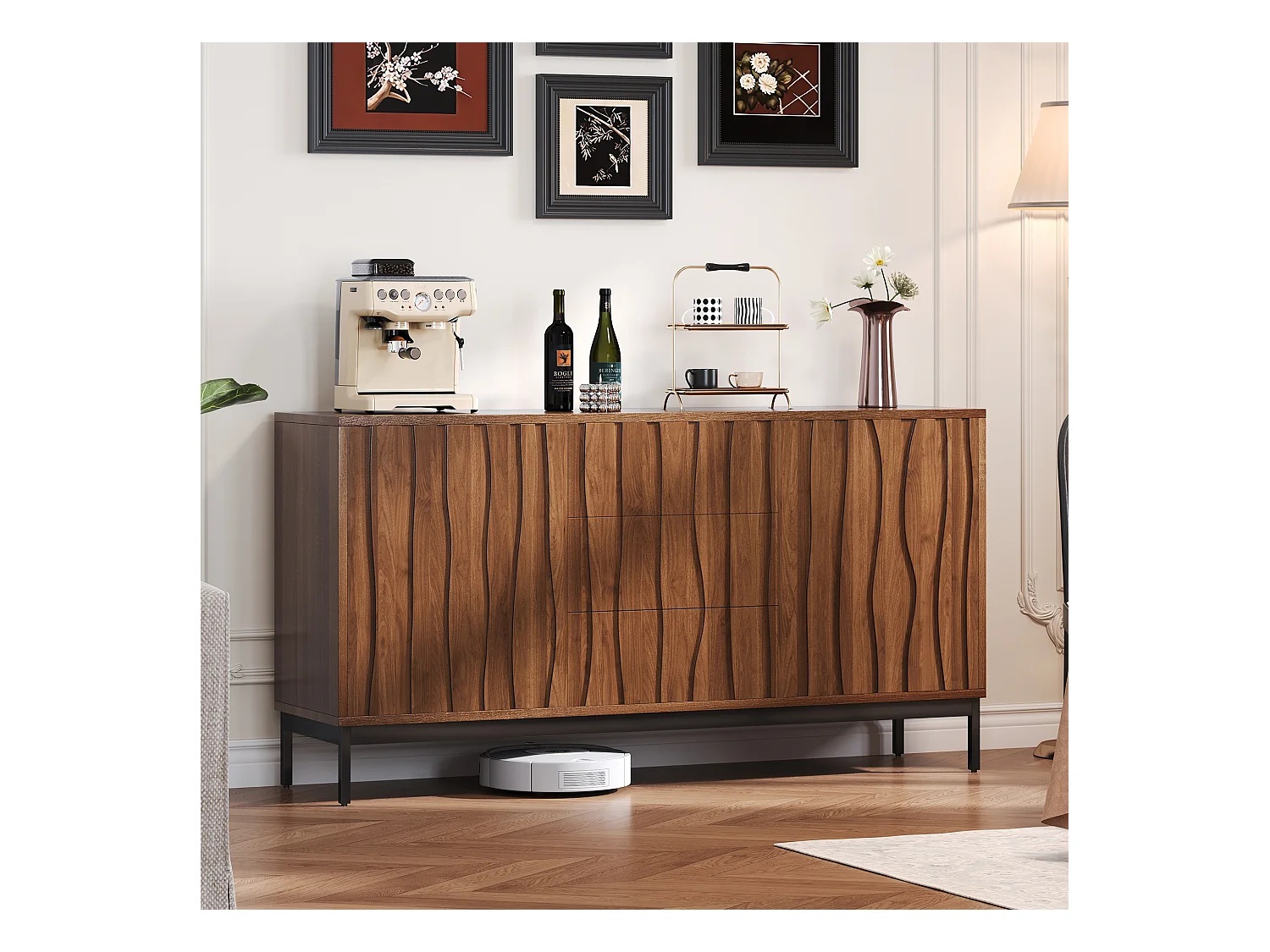Buffet moderne 150x40x80cm - avec 2 portes et 3 tiroirs - Marron