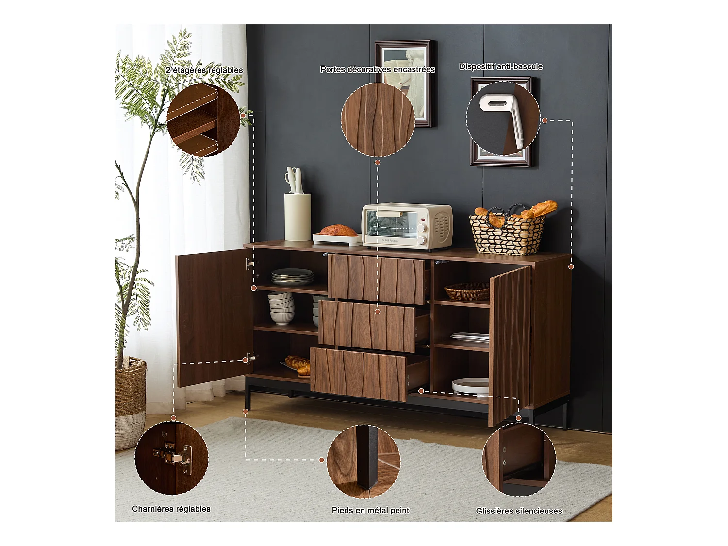 Buffet moderne 150x40x80cm - avec 2 portes et 3 tiroirs - Marron