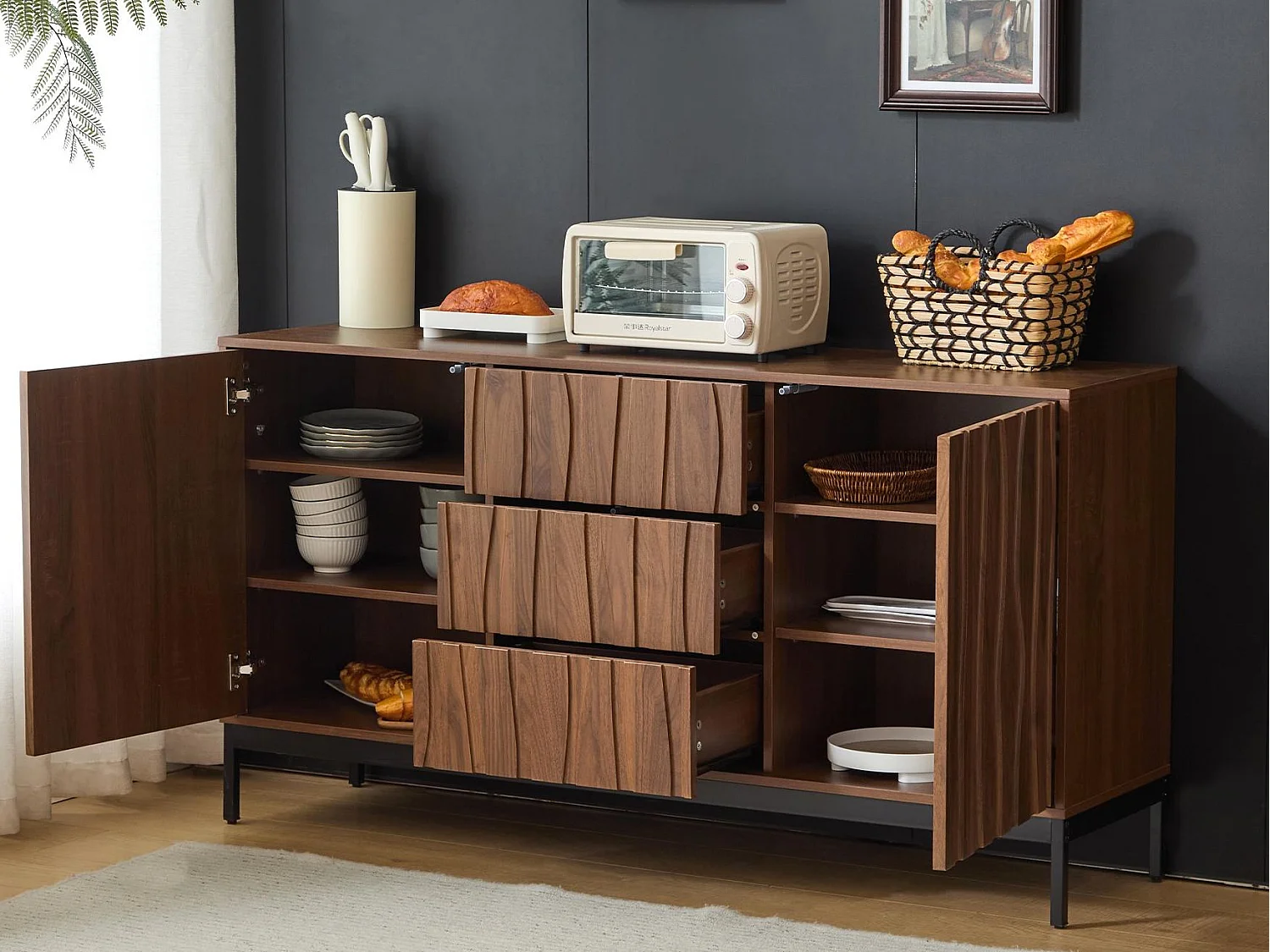 Buffet moderne 150x40x80cm - avec 2 portes et 3 tiroirs - Marron