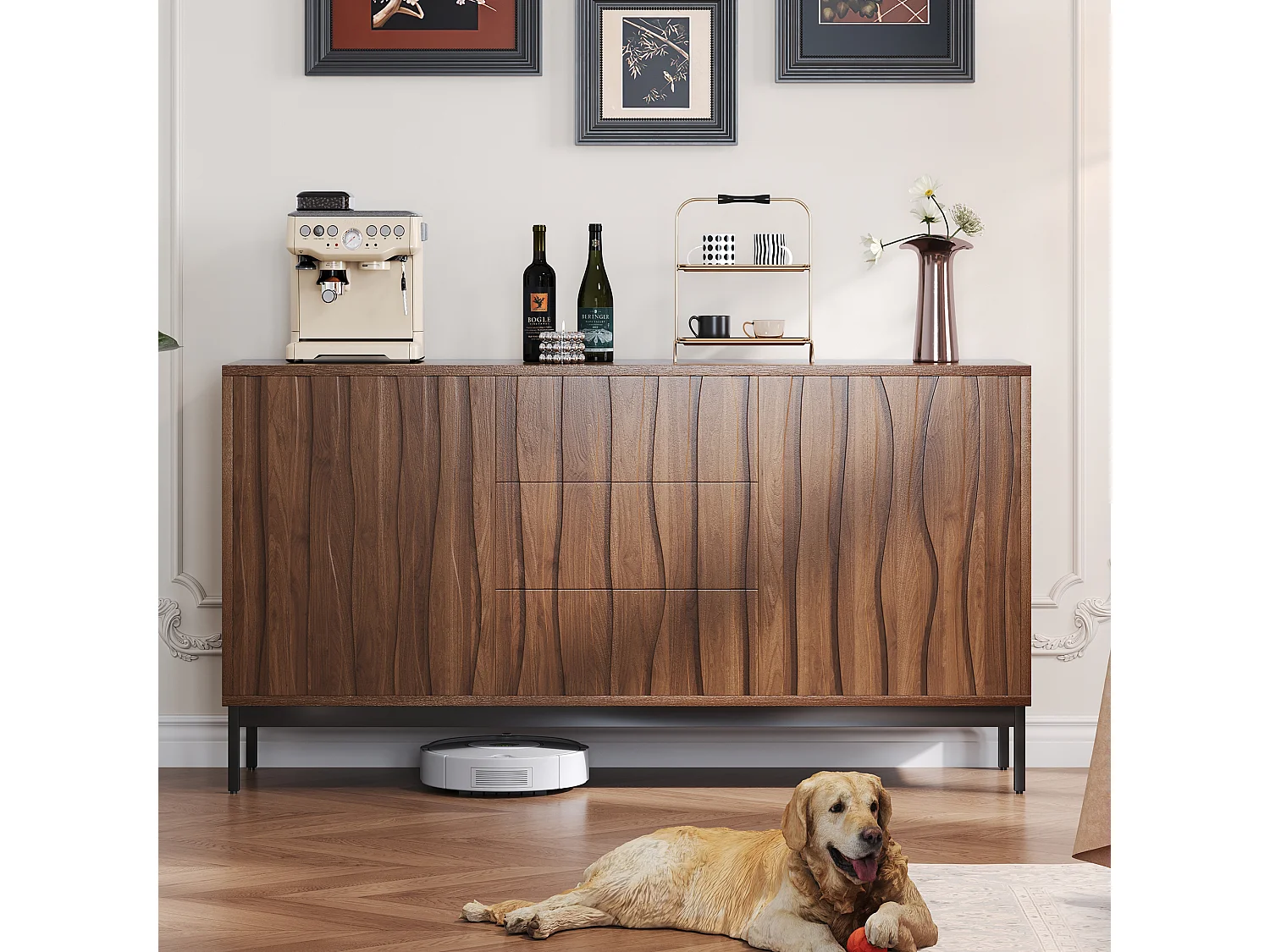 Buffet moderne 150x40x80cm - avec 2 portes et 3 tiroirs - Marron