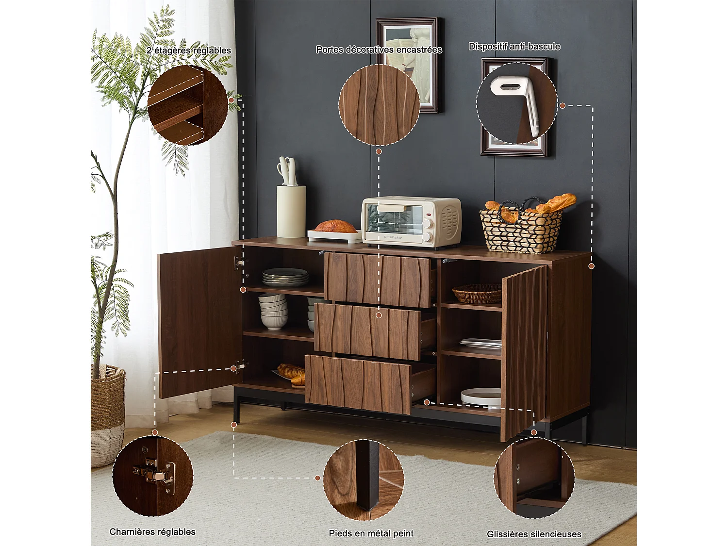 Buffet moderne 150x40x80cm - avec 2 portes et 3 tiroirs - Marron