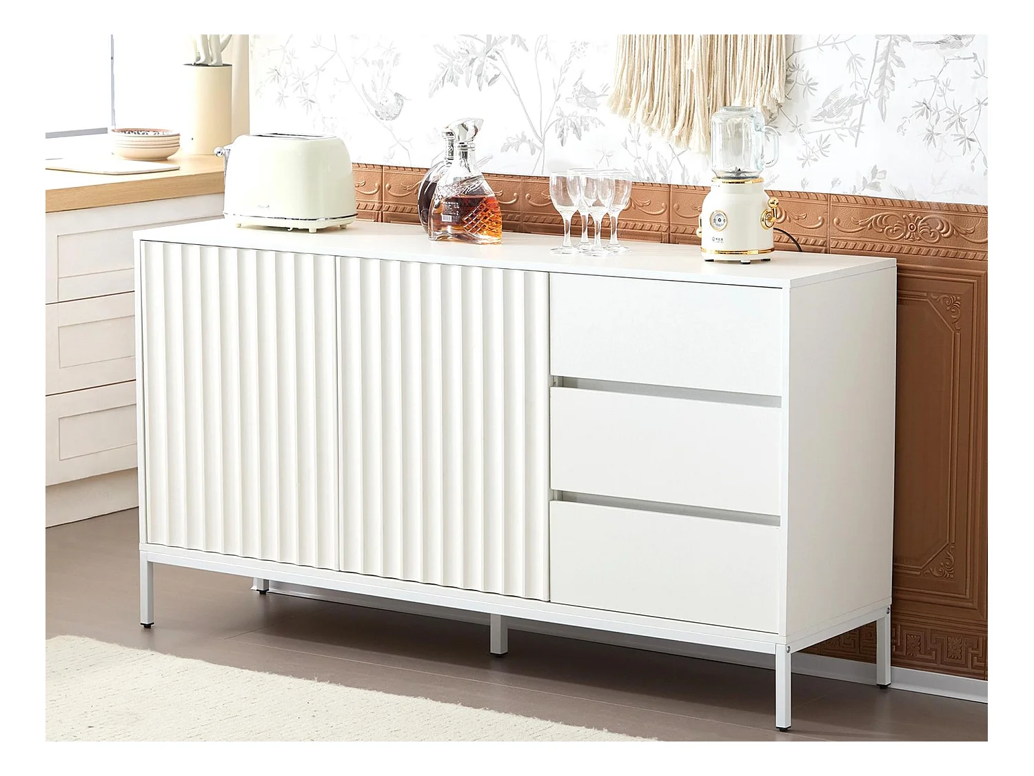 Buffet moderne 150x40x79cm - avec 2 portes et 3 tiroirs- Blanc