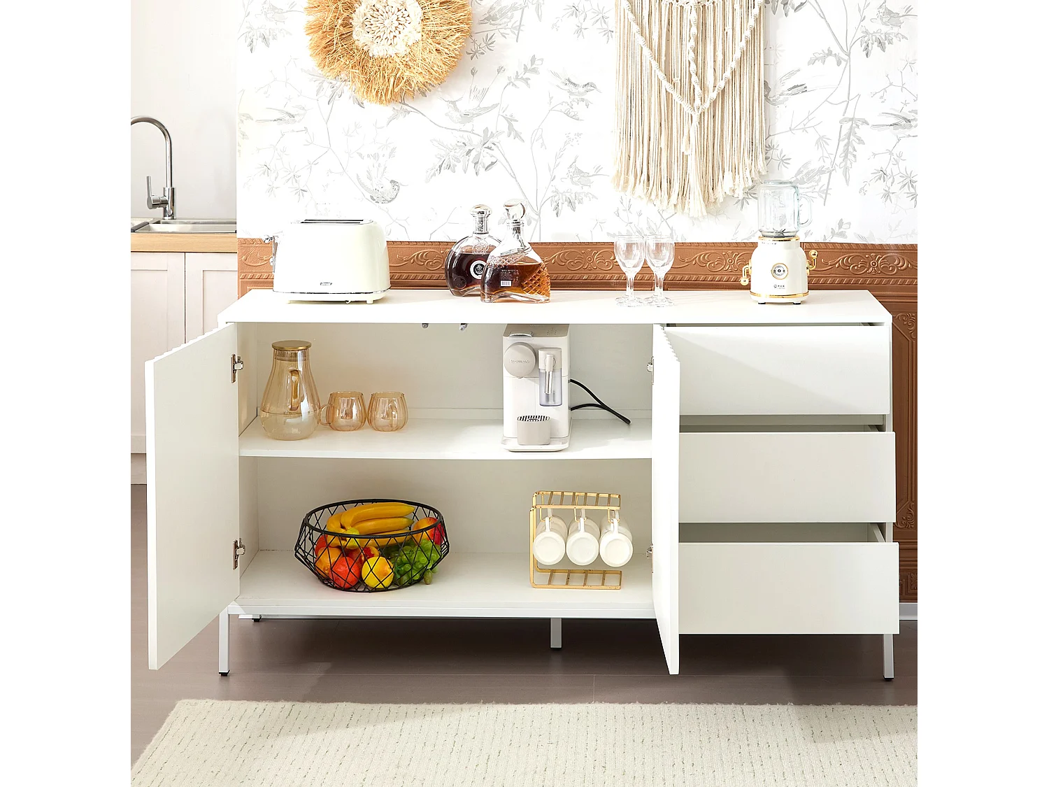 Buffet moderne 150x40x79cm - avec 2 portes et 3 tiroirs- Blanc