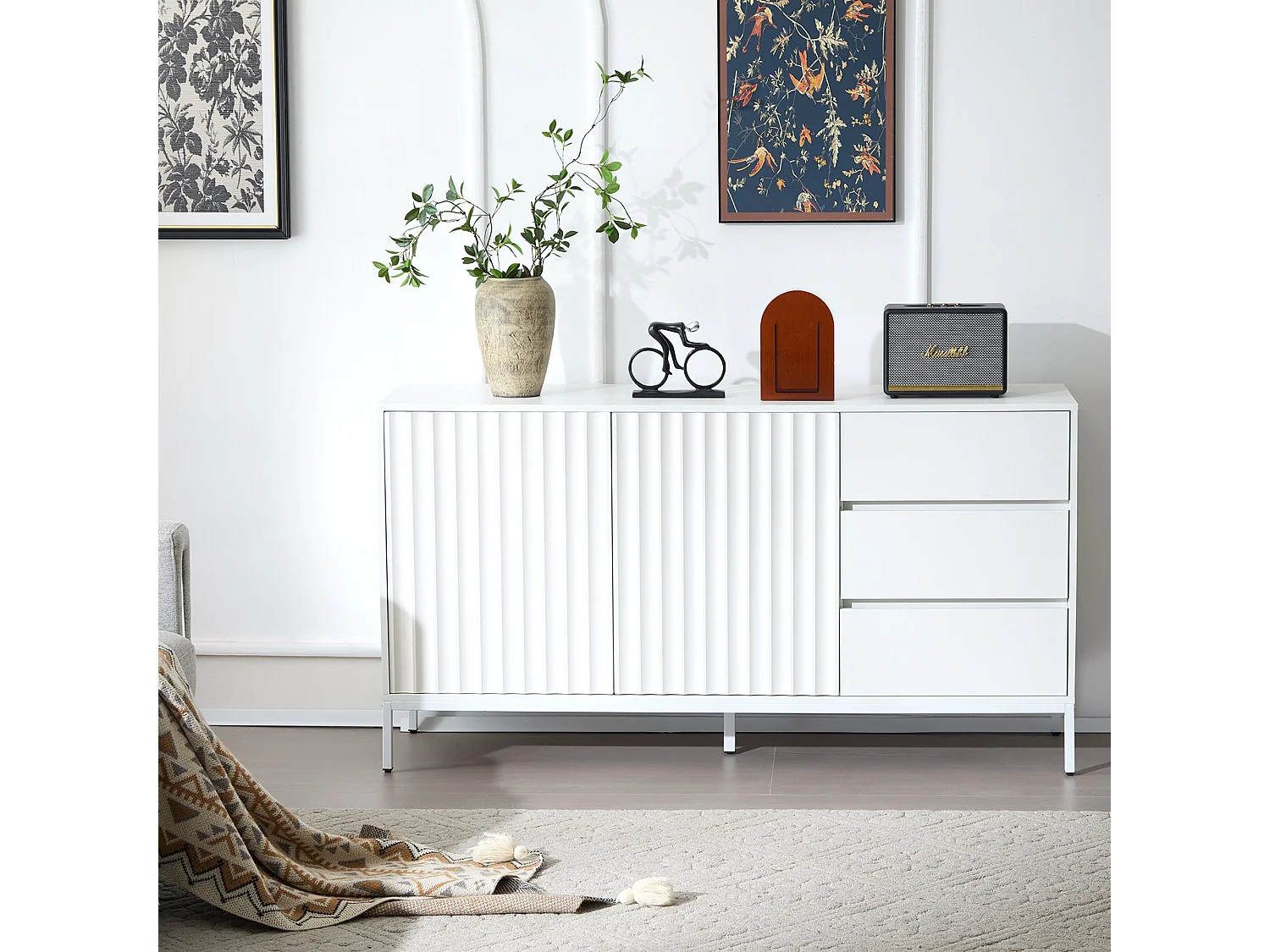 Buffet moderne 150x40x79cm - avec 2 portes et 3 tiroirs- Blanc