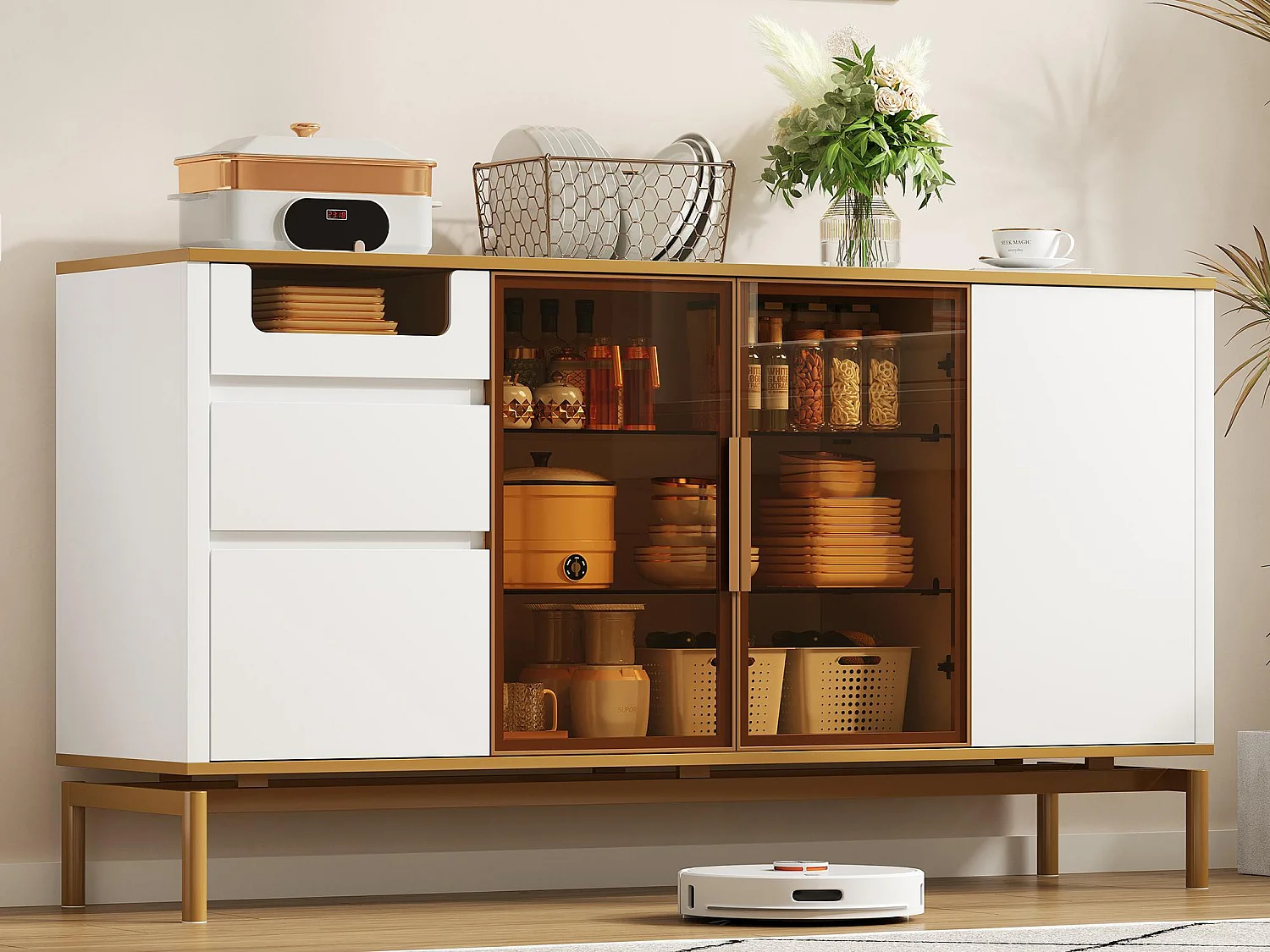 Buffet moderno 150×40×82 cm - con 3 puertas y 3 cajones - blanco+dorado