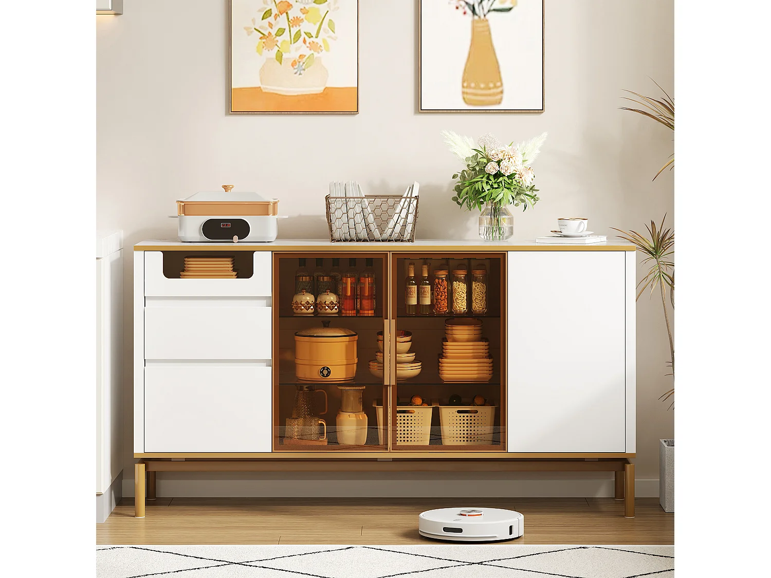 Buffet moderno 150×40×82 cm - con 3 puertas y 3 cajones - blanco+dorado