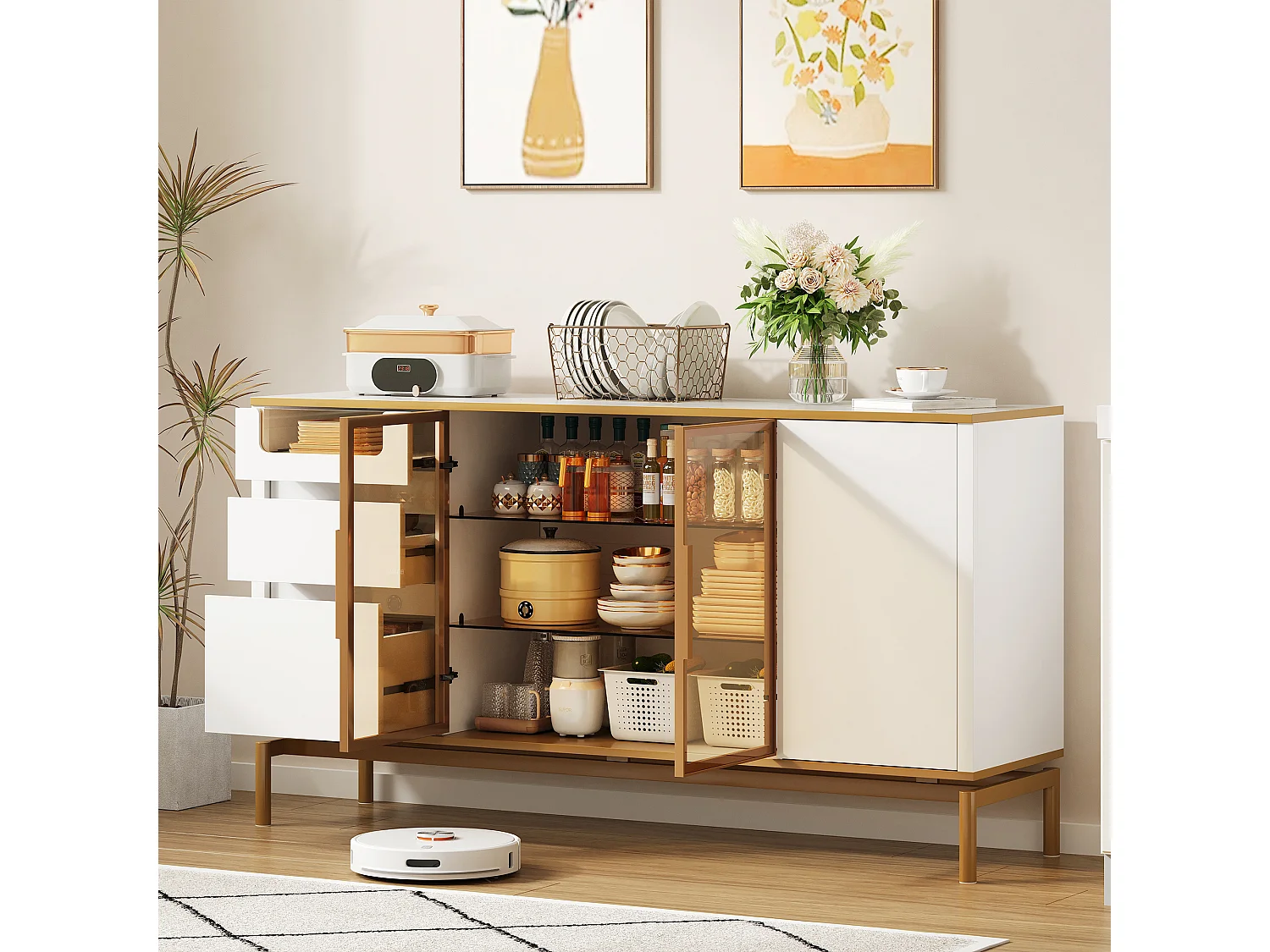 Buffet moderno 150×40×82 cm - con 3 puertas y 3 cajones - blanco+dorado