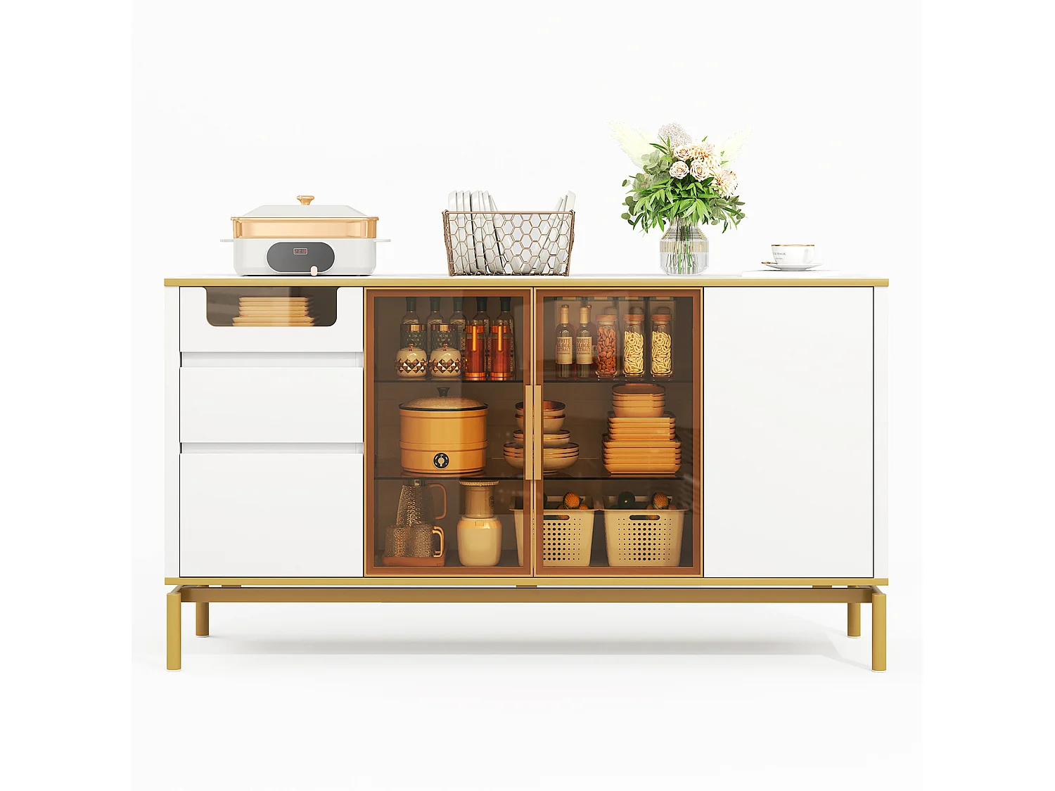 Buffet moderno 150×40×82 cm - con 3 puertas y 3 cajones - blanco+dorado