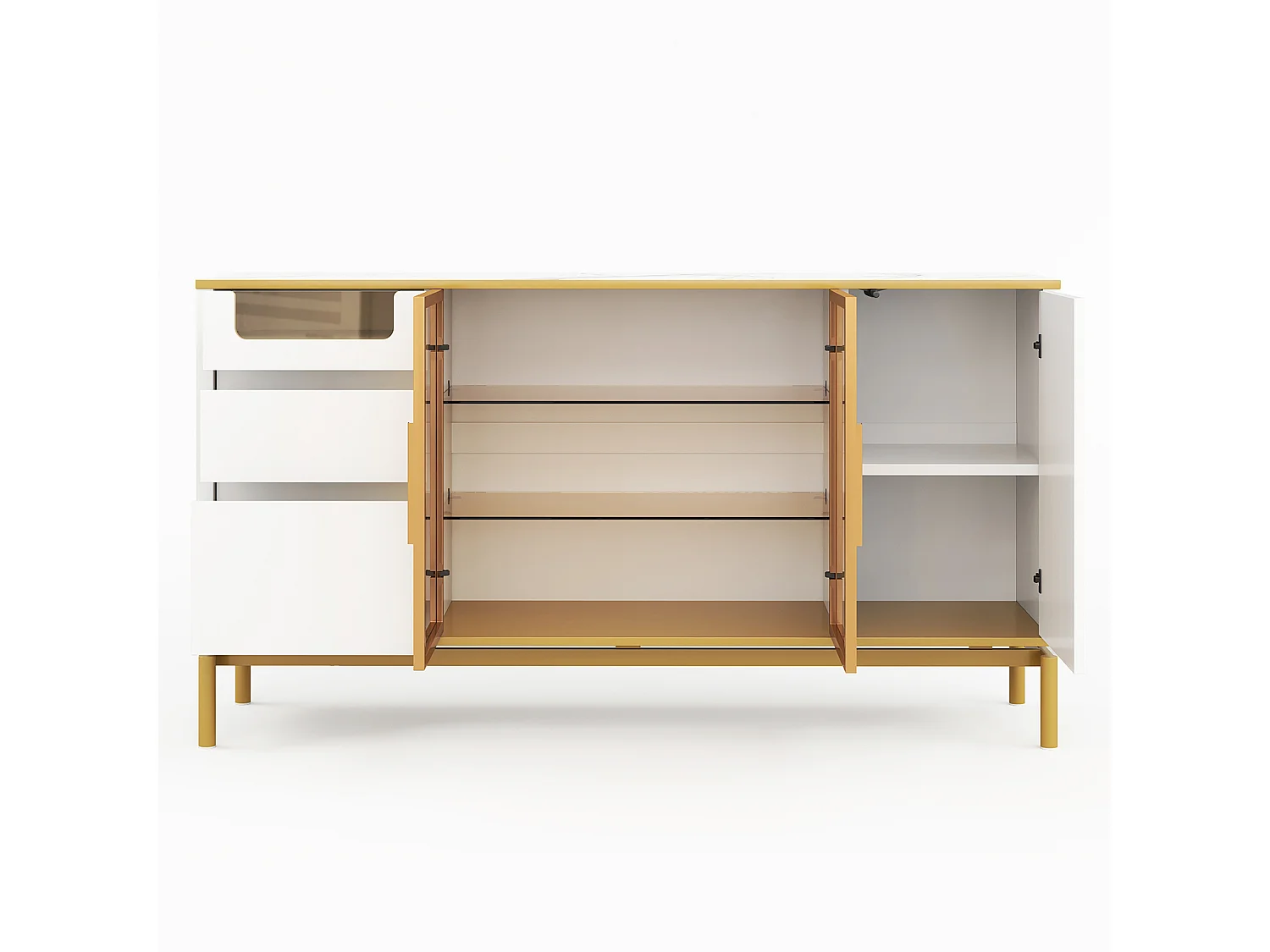 Buffet moderno 150×40×82 cm - con 3 puertas y 3 cajones - blanco+dorado