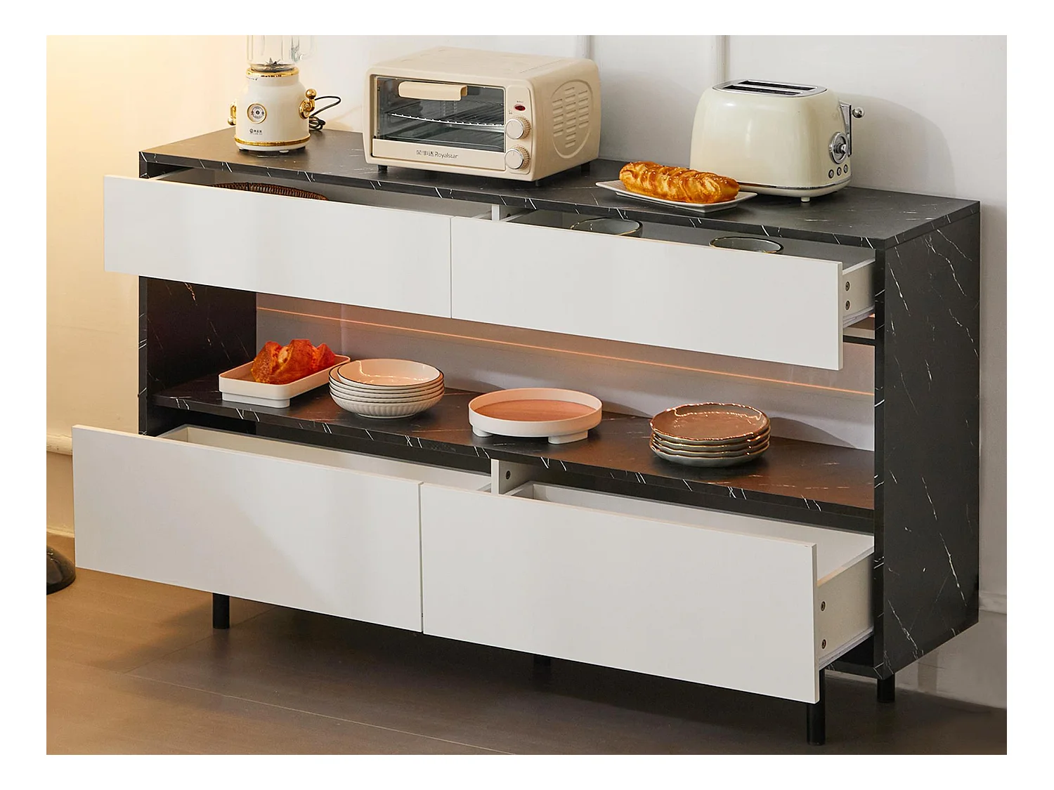 Buffet moderne 150x35x89.5cm - avec LED - avec 4 tiroirs - Motif en marbre - Blanc+Noir