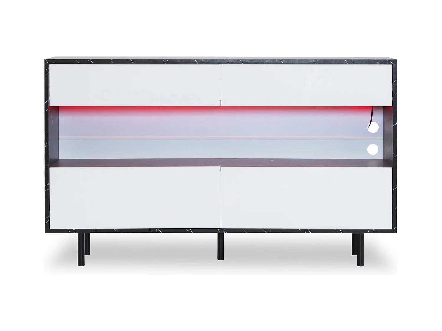 Buffet moderne 150x35x89.5cm - avec LED - avec 4 tiroirs - Motif en marbre - Blanc+Noir