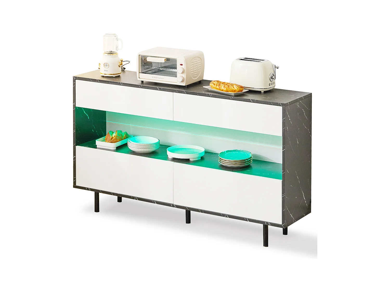 Buffet moderne 150x35x89.5cm - avec LED - avec 4 tiroirs - Motif en marbre - Blanc+Noir