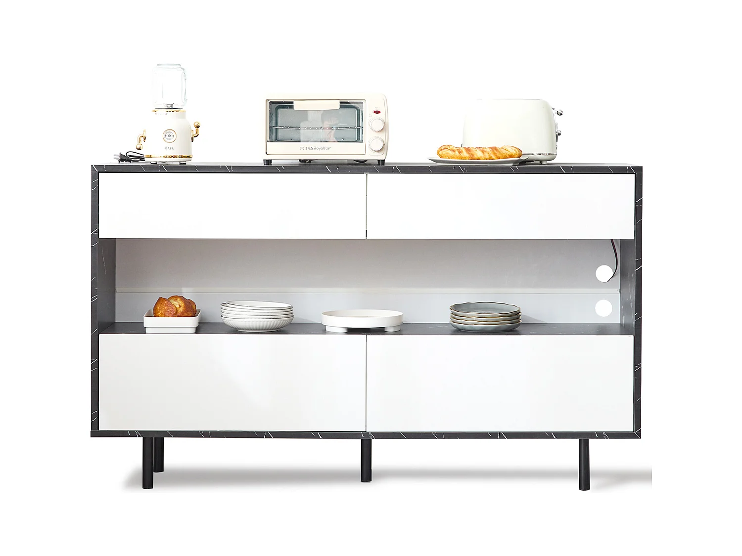 Buffet moderne 150x35x89.5cm - avec LED - avec 4 tiroirs - Motif en marbre - Blanc+Noir