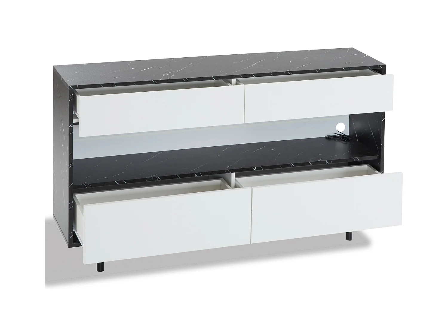 Buffet moderne 150x35x89.5cm - avec LED - avec 4 tiroirs - Motif en marbre - Blanc+Noir