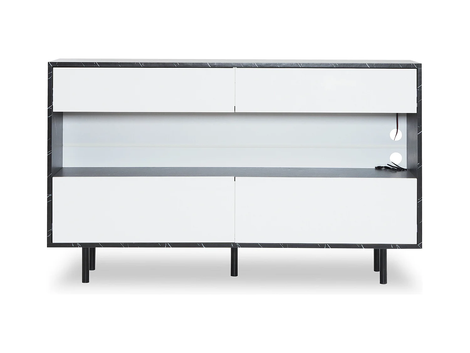 Buffet moderne 150x35x89.5cm - avec LED - avec 4 tiroirs - Motif en marbre - Blanc+Noir