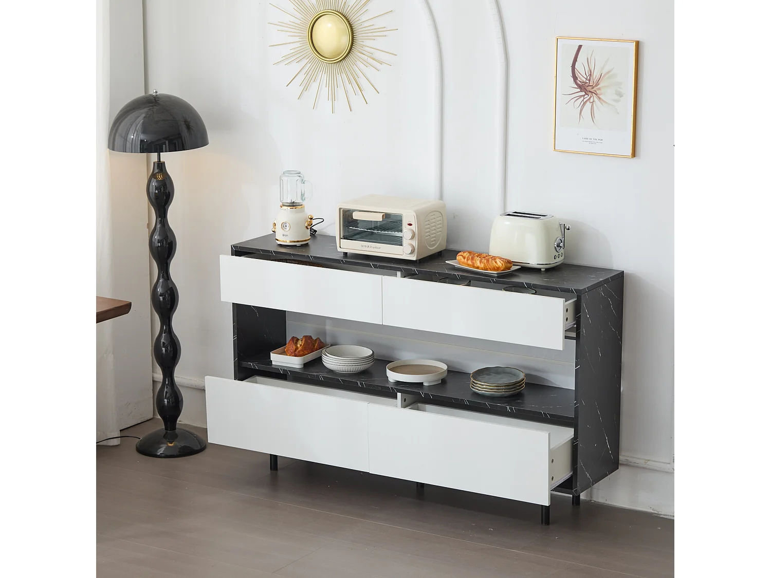Buffet moderne 150x35x89.5cm - avec LED - avec 4 tiroirs - Motif en marbre - Blanc+Noir
