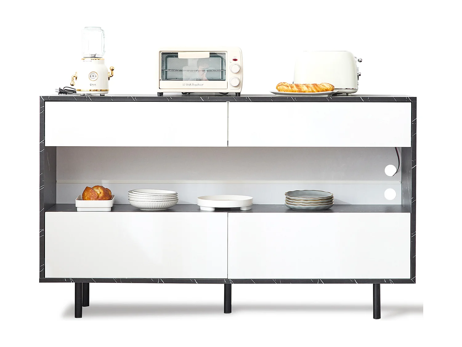 Buffet moderne 150x35x89.5cm - avec LED - avec 4 tiroirs - Motif en marbre - Blanc+Noir