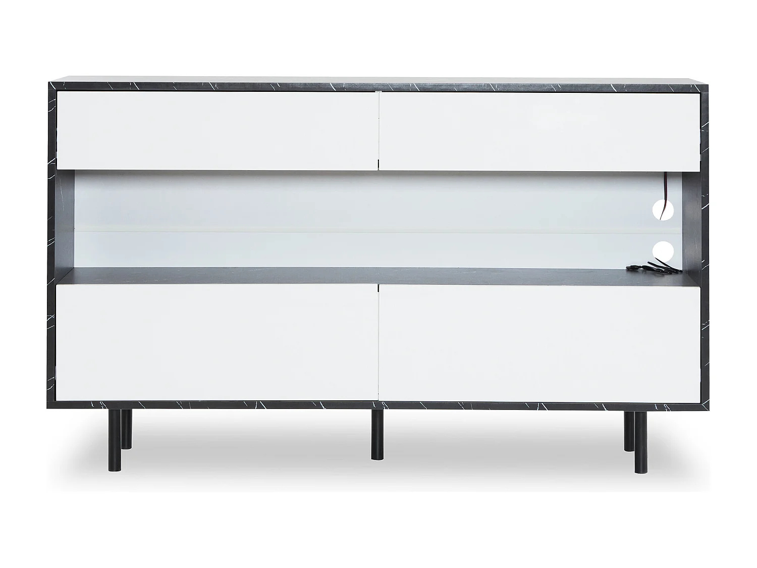 Buffet moderne 150x35x89.5cm - avec LED - avec 4 tiroirs - Motif en marbre - Blanc+Noir