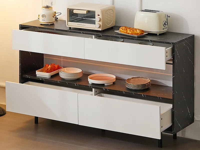 Buffet moderne 150x35x89.5cm - avec LED - avec 4 tiroirs - Motif en marbre - Blanc+Noir