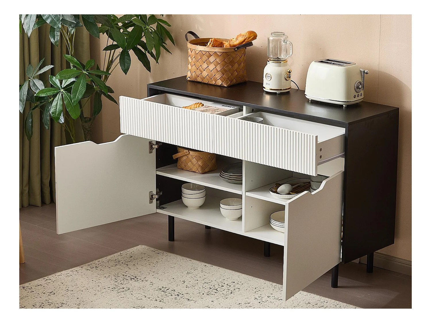 Buffet moderne 120x40x80cm - avec 2 portes et 2 tiroirs - Blanc+Noir