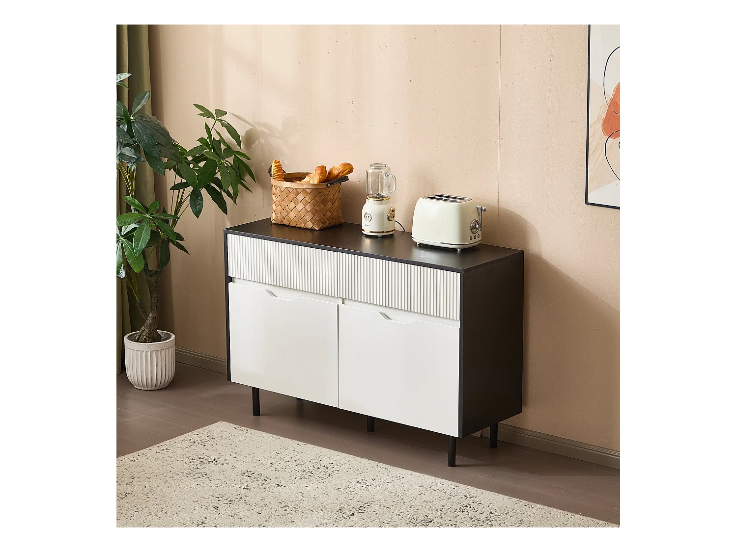 Buffet moderne 120x40x80cm - avec 2 portes et 2 tiroirs - Blanc+Noir