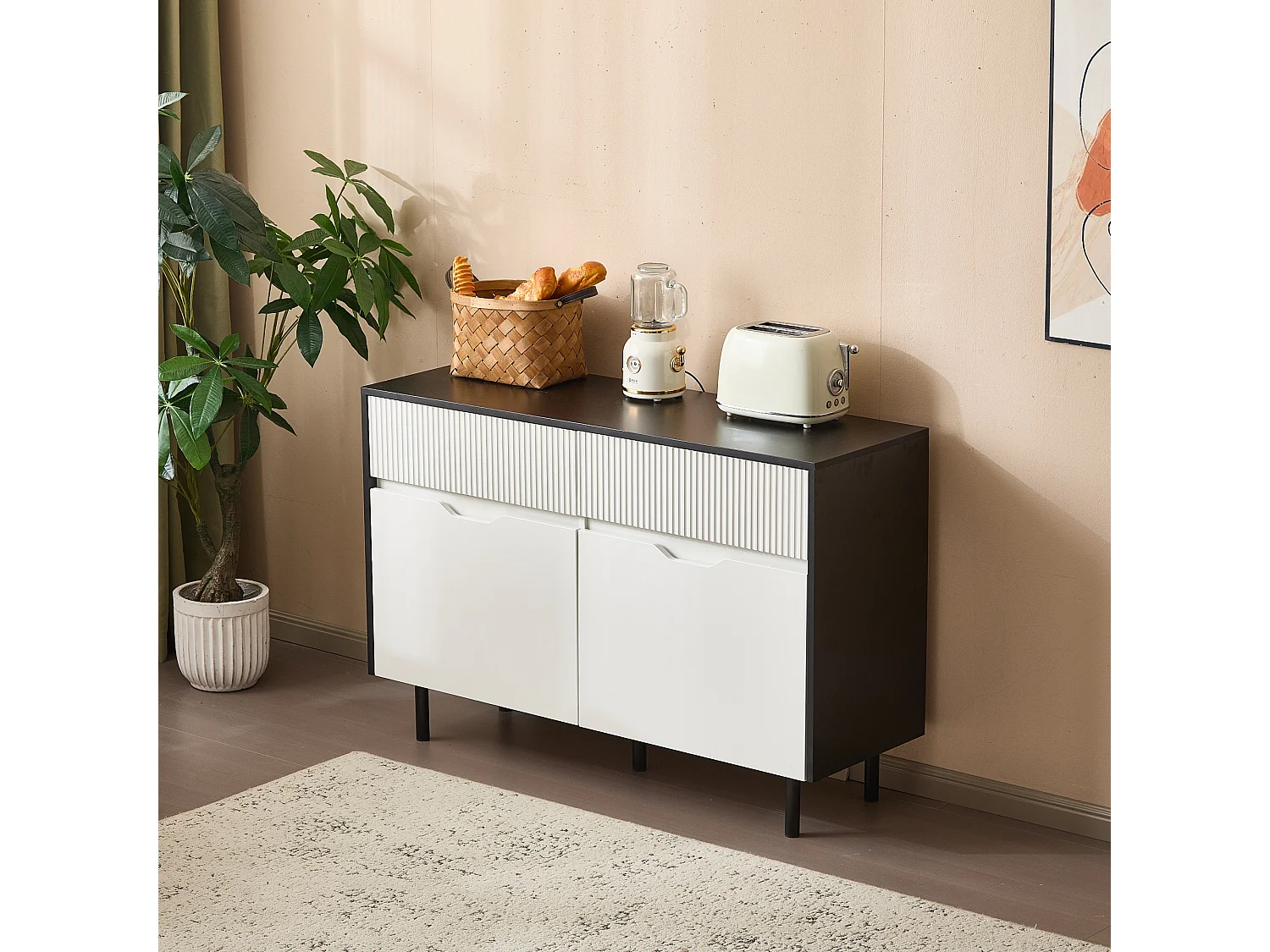 Buffet moderne 120x40x80cm - avec 2 portes et 2 tiroirs - Blanc+Noir