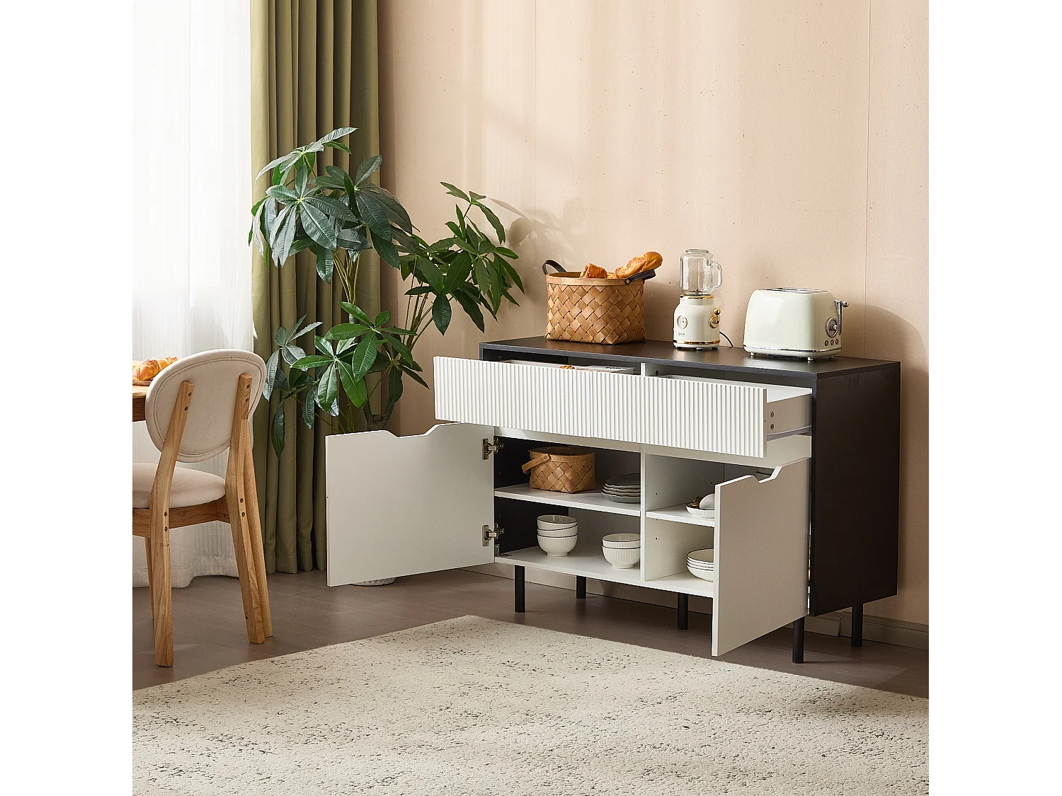 Buffet moderne 120x40x80cm - avec 2 portes et 2 tiroirs - Blanc+Noir