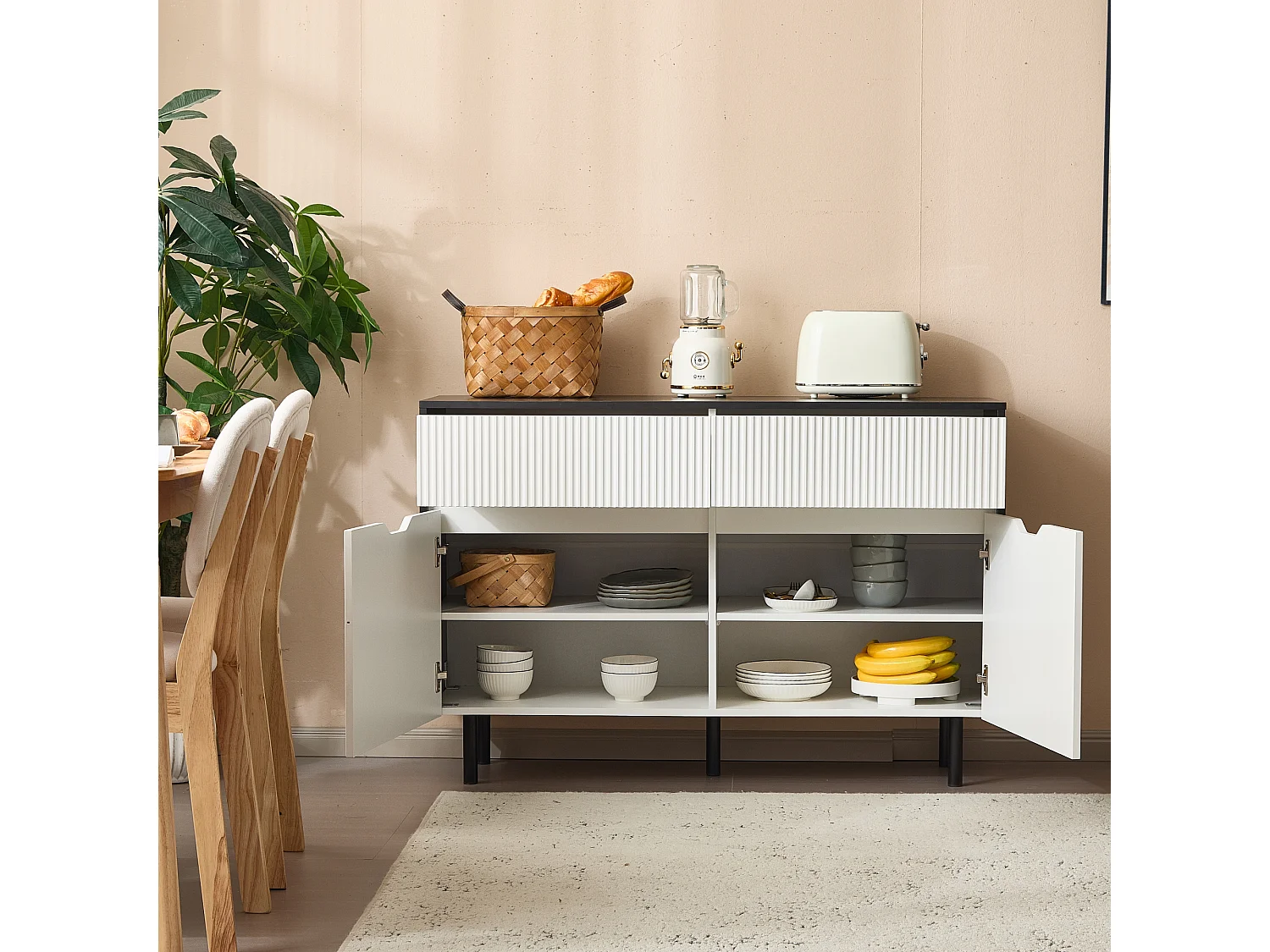 Buffet moderne 120x40x80cm - avec 2 portes et 2 tiroirs - Blanc+Noir