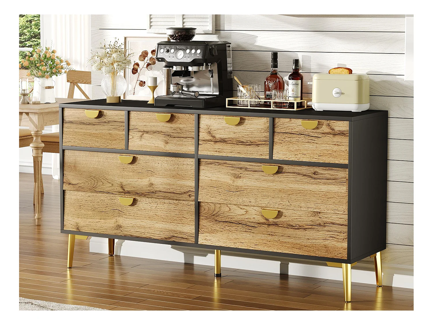 Nowoczesny kredens 150×40×78 cm - z 8 szufladami - czarny+naturalny