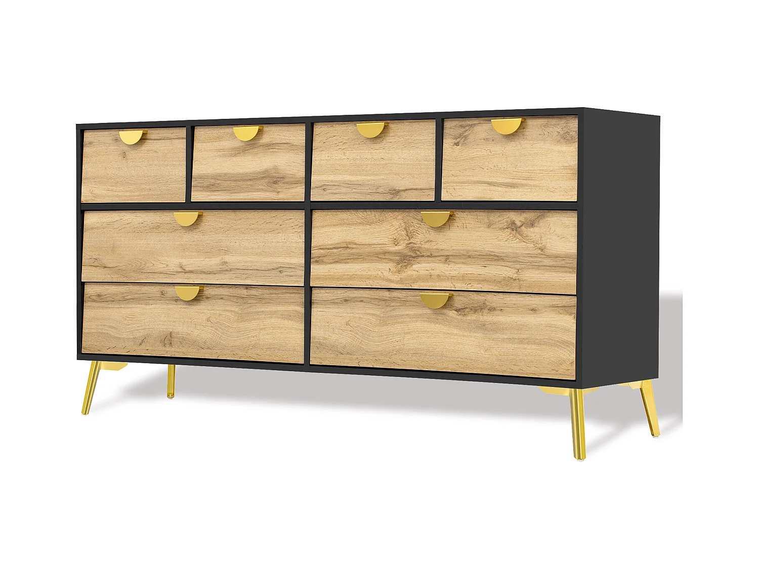 Nowoczesny kredens 150×40×78 cm - z 8 szufladami - czarny+naturalny