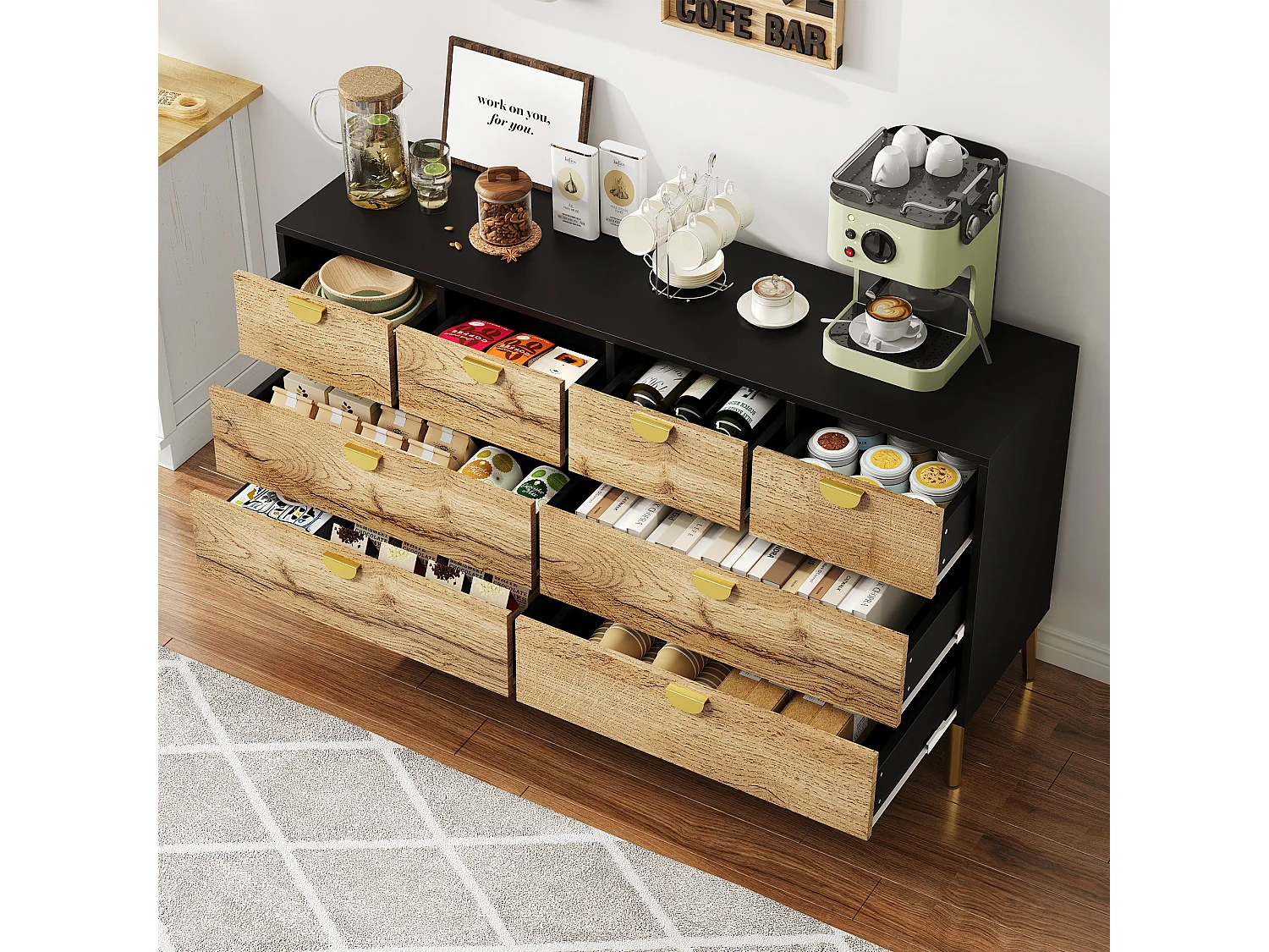 Buffet moderne 150x40x78cm - avec 8 tiroirs - Noir+Naturel