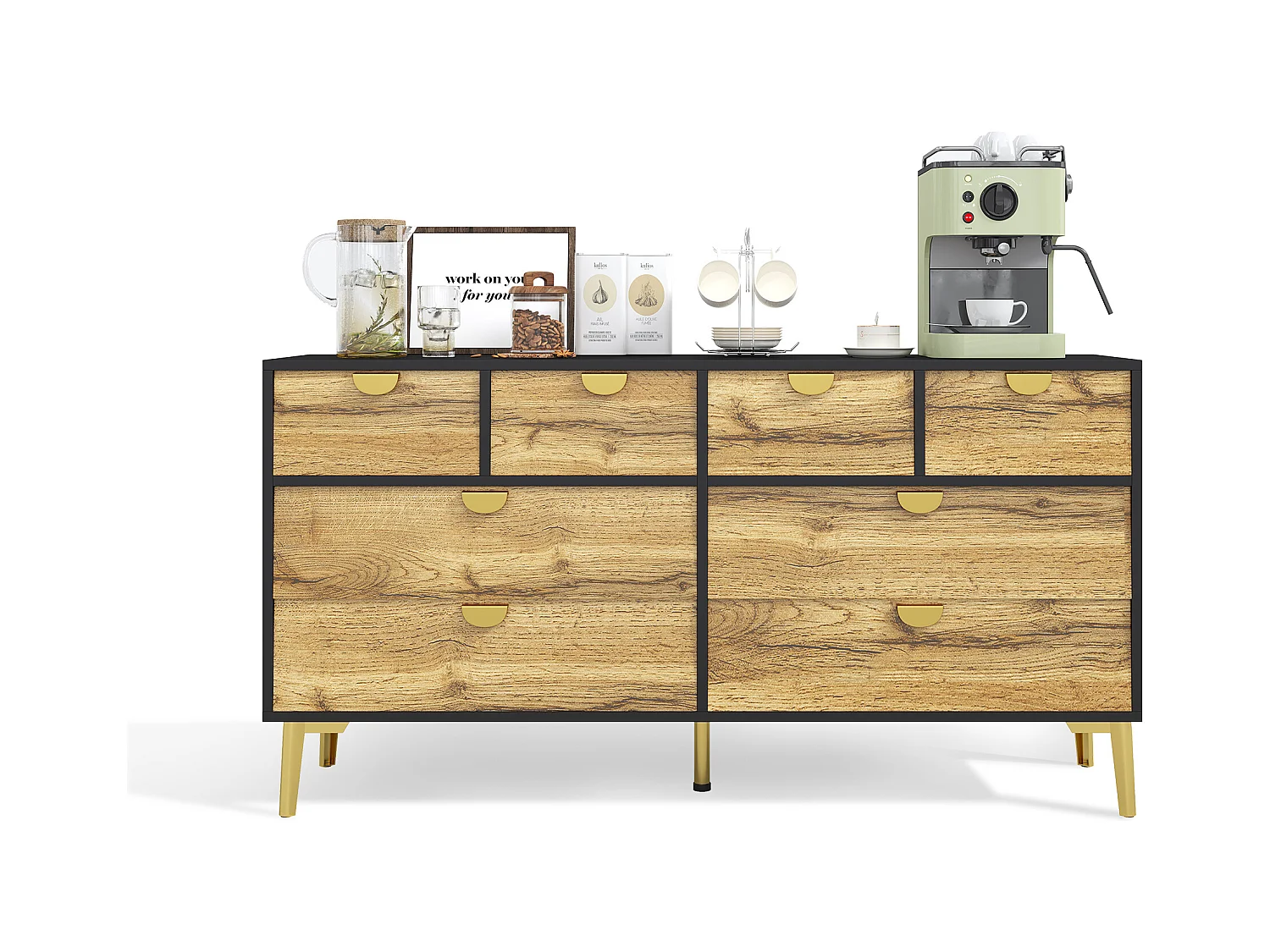 Buffet moderne 150x40x78cm - avec 8 tiroirs - Noir+Naturel