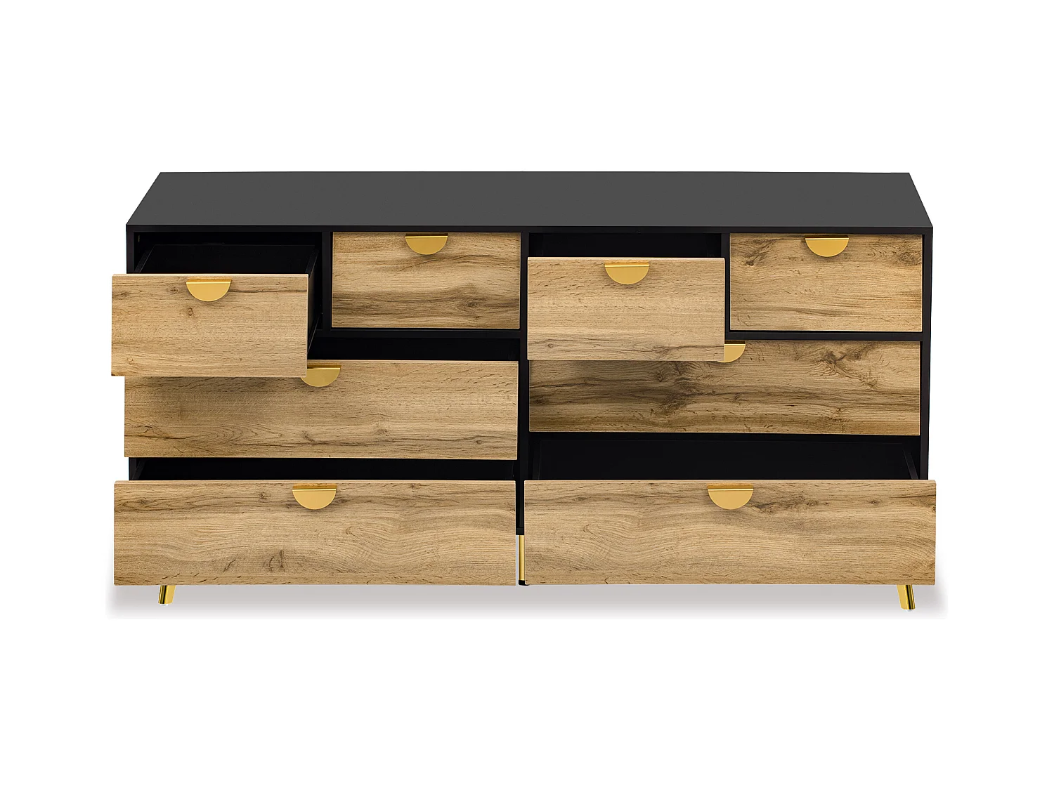 Buffet moderne 150x40x78cm - avec 8 tiroirs - Noir+Naturel