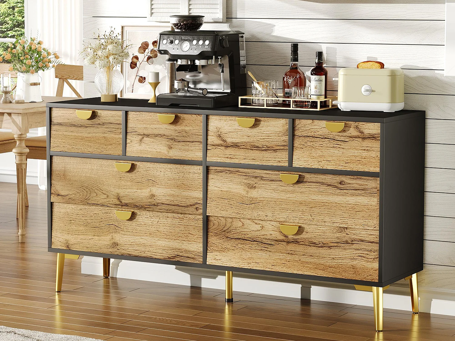 Buffet moderne 150x40x78cm - avec 8 tiroirs - Noir+Naturel