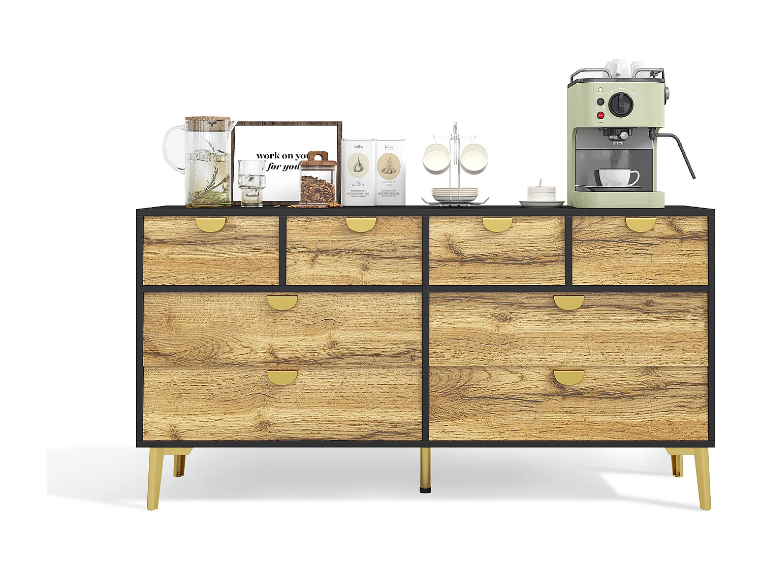 Buffet moderne 150x40x78cm - avec 8 tiroirs - Noir+Naturel