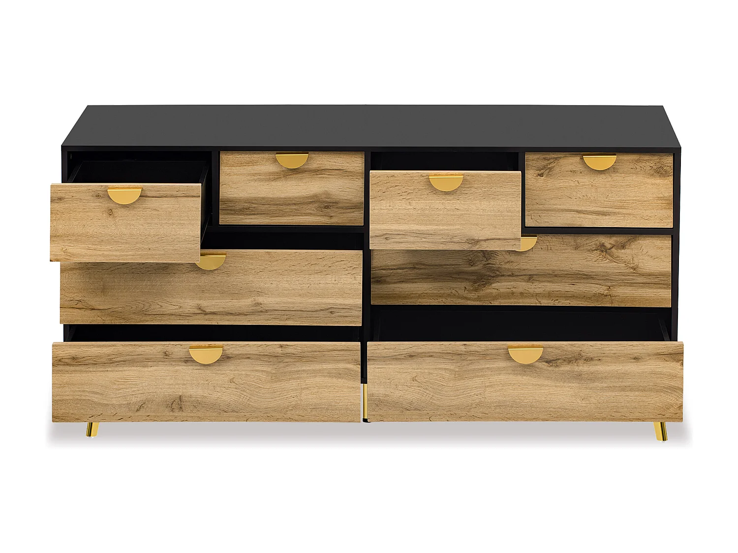Buffet moderne 150x40x78cm - avec 8 tiroirs - Noir+Naturel