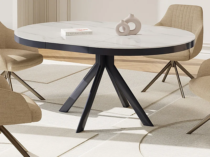Table à manger extensible 4 à 6 personnes en céramique, MDF et métal - Effet marbre blanc et anthracite - ZALYRA