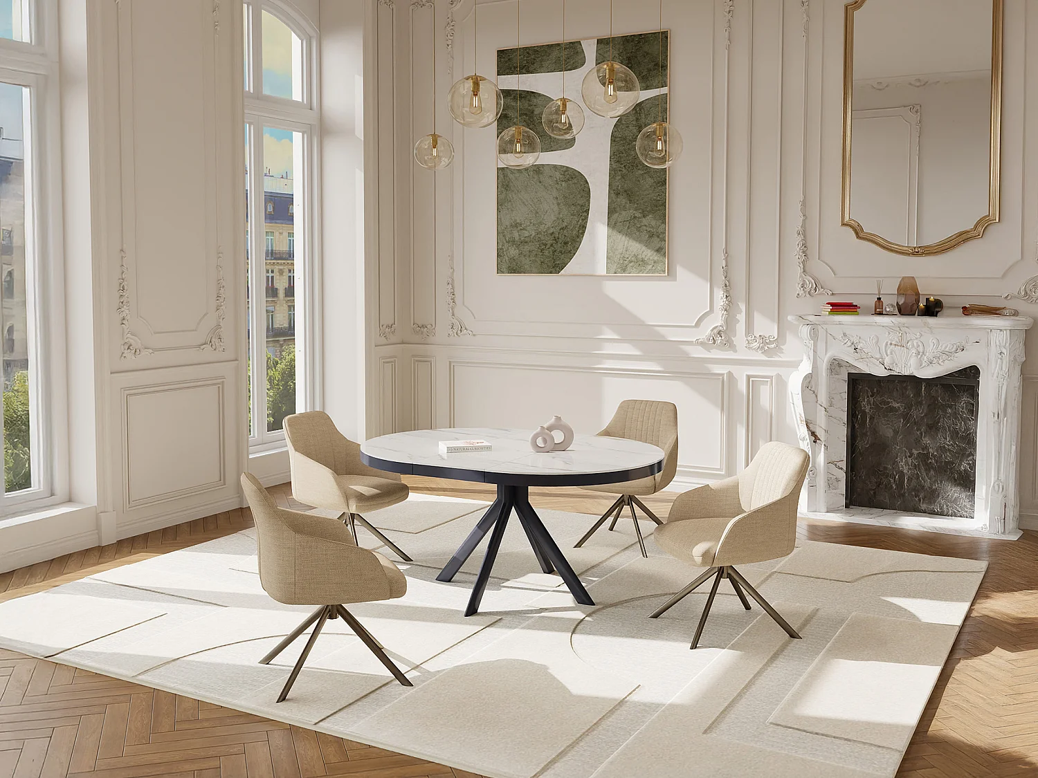 Table à manger extensible 4 à 6 personnes en céramique, MDF et métal - Effet marbre blanc et anthracite - ZALYRA