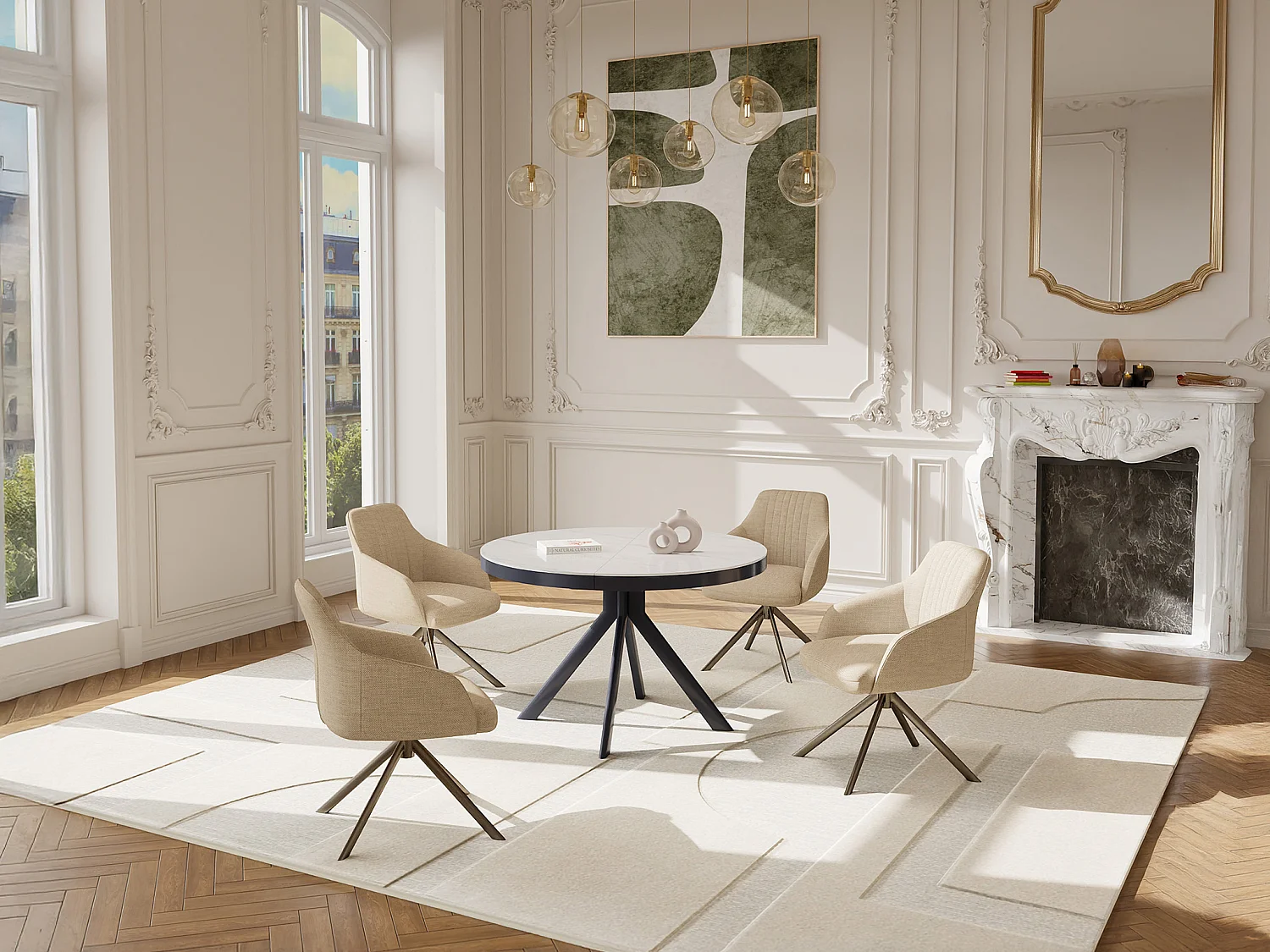 Table à manger extensible 4 à 6 personnes en céramique, MDF et métal - Effet marbre blanc et anthracite - ZALYRA