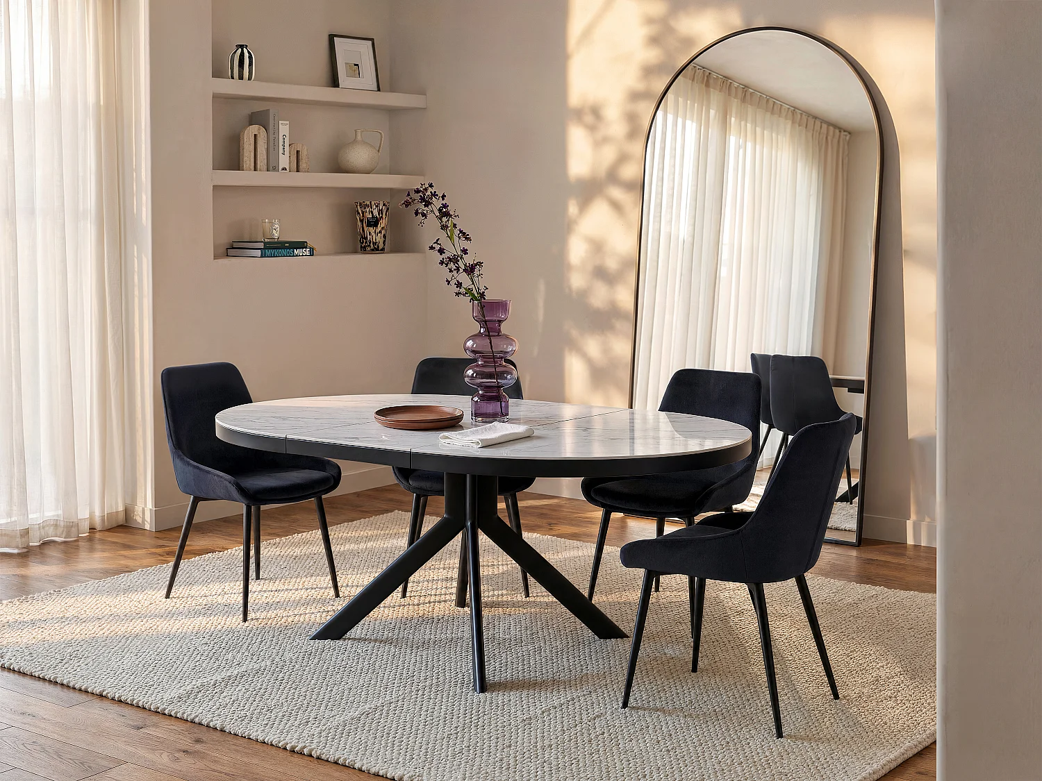 Mesa de comedor extensible para 4 a 6 personas de cerámica, MDF y metal - Efecto mármol blanco y antracita - ZALYRA